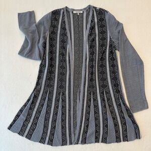 ZOZO Striped Linen Blend Knit‎ Cardigan Open Front Gray Black White Womens L